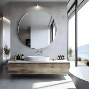 Frameless round bathroom mirror without a light and polished edge.