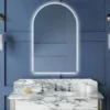Arched frameless mirror with cool white led light. Mirror is currently on sale.