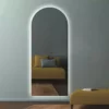 Arched frameless mirror with cool white led light. Mirror is currently on sale.