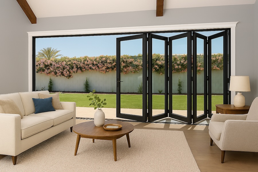 SFD5FG6LC-2990X2090-Fold-a-Side-Charcoal-F:Glass-Doors-5-doors-open-left LM